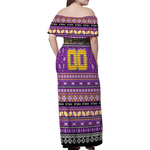 Personalized Storm Rugby Xmas Family Matching Off Shoulder Maxi Dress and Hawaiian Shirt Australia NRL Mascot