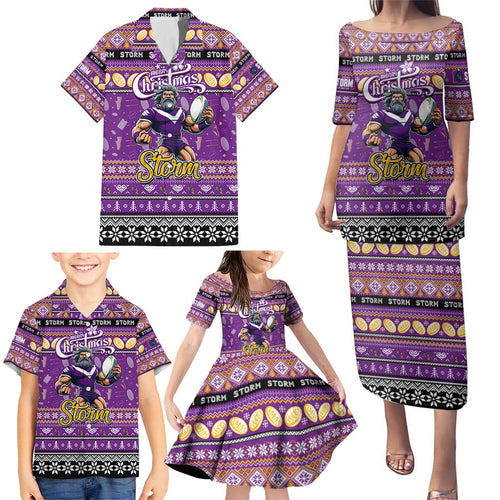 Personalized Storm Rugby Xmas Family Matching Puletasi and Hawaiian Shirt Australia NRL Mascot