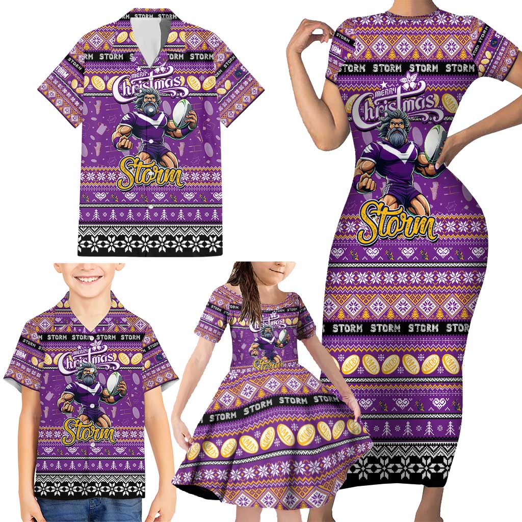 Personalized Storm Rugby Xmas Family Matching Short Sleeve Bodycon Dress and Hawaiian Shirt Australia NRL Mascot