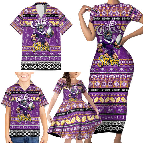 Personalized Storm Rugby Xmas Family Matching Short Sleeve Bodycon Dress and Hawaiian Shirt Australia NRL Mascot