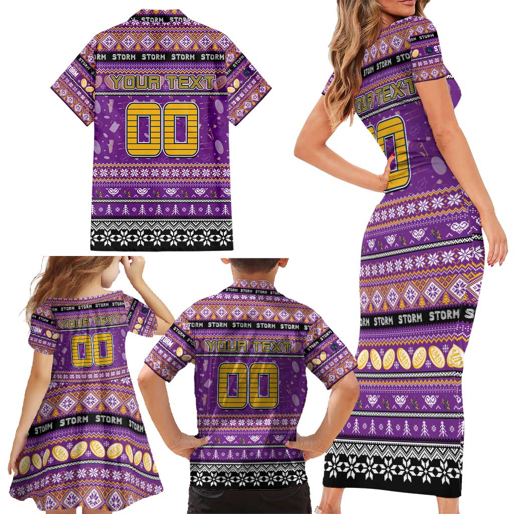 Personalized Storm Rugby Xmas Family Matching Short Sleeve Bodycon Dress and Hawaiian Shirt Australia NRL Mascot