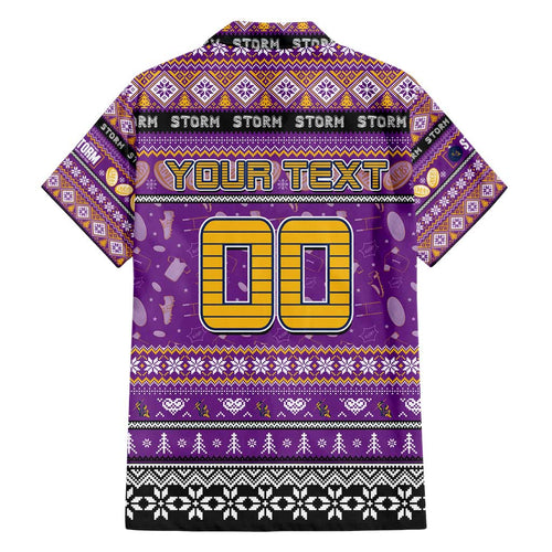 Personalized Storm Rugby Xmas Family Matching Short Sleeve Bodycon Dress and Hawaiian Shirt Australia NRL Mascot