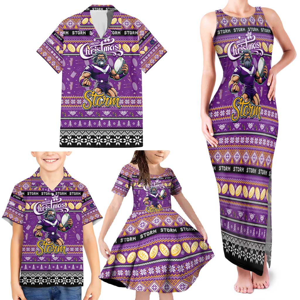 Personalized Storm Rugby Xmas Family Matching Tank Maxi Dress and Hawaiian Shirt Australia NRL Mascot