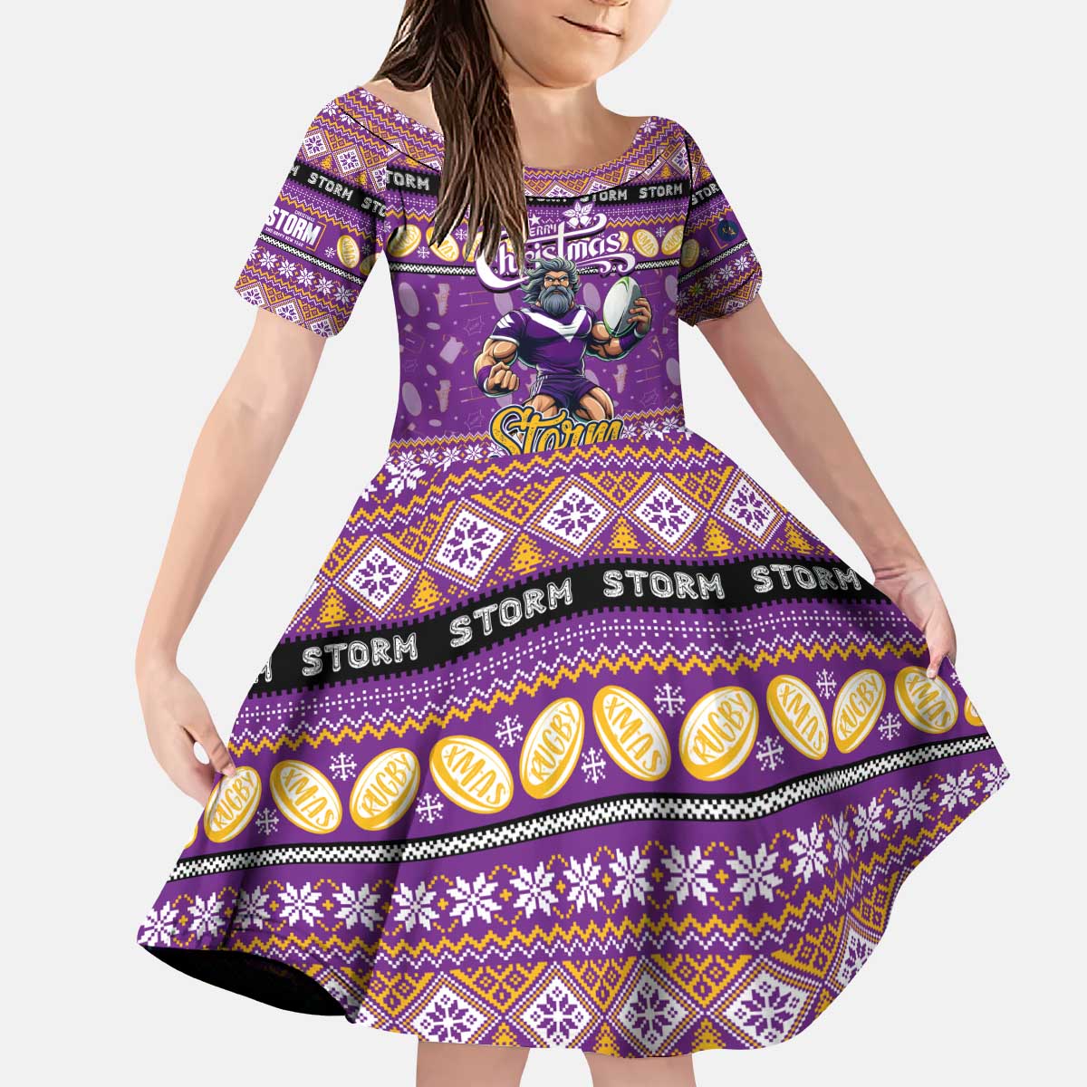 Personalized Storm Rugby Xmas Kid Short Sleeve Dress Australia NRL Mascot