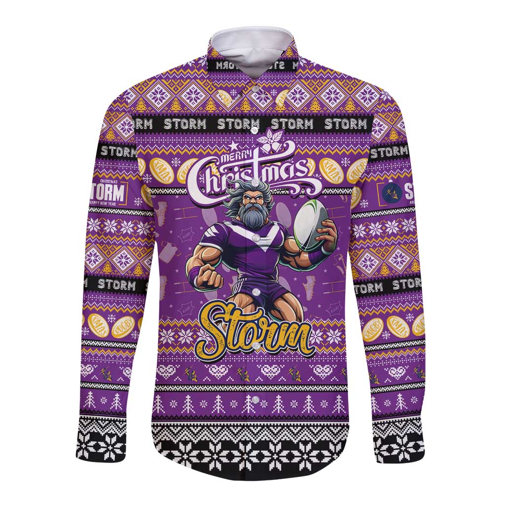 Personalized Storm Rugby Xmas Long Sleeve Button Shirt Australia NRL Mascot