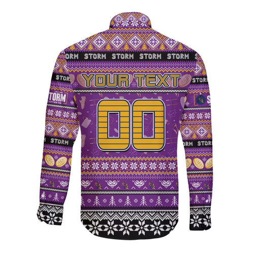 Personalized Storm Rugby Xmas Long Sleeve Button Shirt Australia NRL Mascot