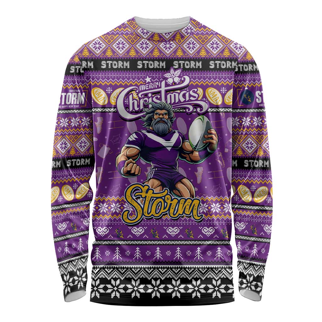 Personalized Storm Rugby Xmas Long Sleeve Shirt Australia NRL Mascot