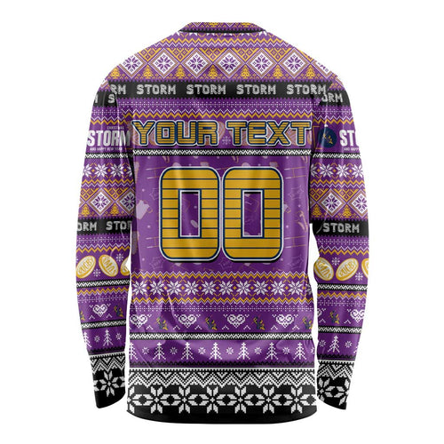 Personalized Storm Rugby Xmas Long Sleeve Shirt Australia NRL Mascot