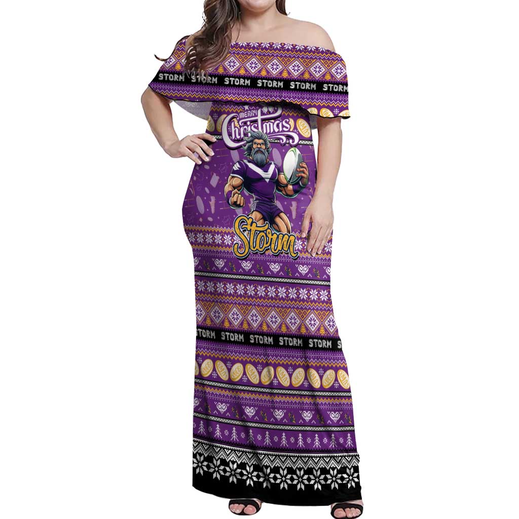 Personalized Storm Rugby Xmas Off Shoulder Maxi Dress Australia NRL Mascot