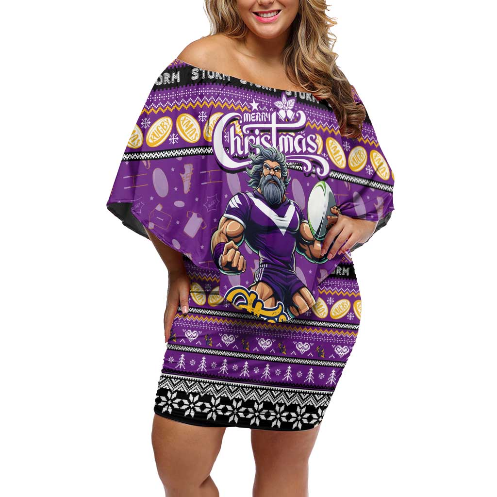 Personalized Storm Rugby Xmas Off Shoulder Short Dress Australia NRL Mascot