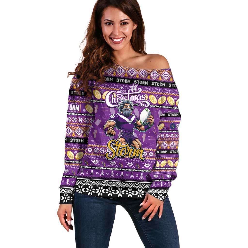 Personalized Storm Rugby Xmas Off Shoulder Sweater Australia NRL Mascot