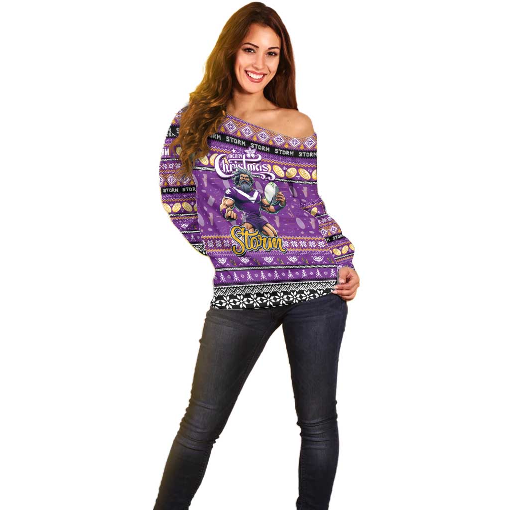 Personalized Storm Rugby Xmas Off Shoulder Sweater Australia NRL Mascot