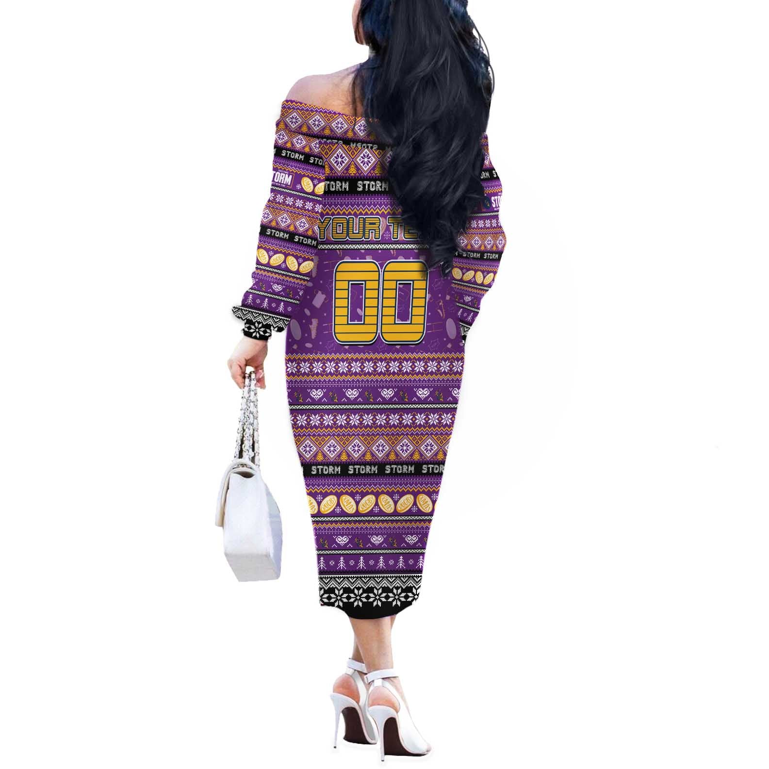 Personalized Storm Rugby Xmas Off The Shoulder Long Sleeve Dress Australia NRL Mascot