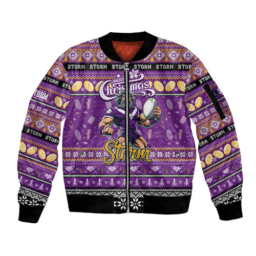 Personalized Storm Rugby Xmas Sleeve Zip Bomber Jacket Australia NRL Mascot