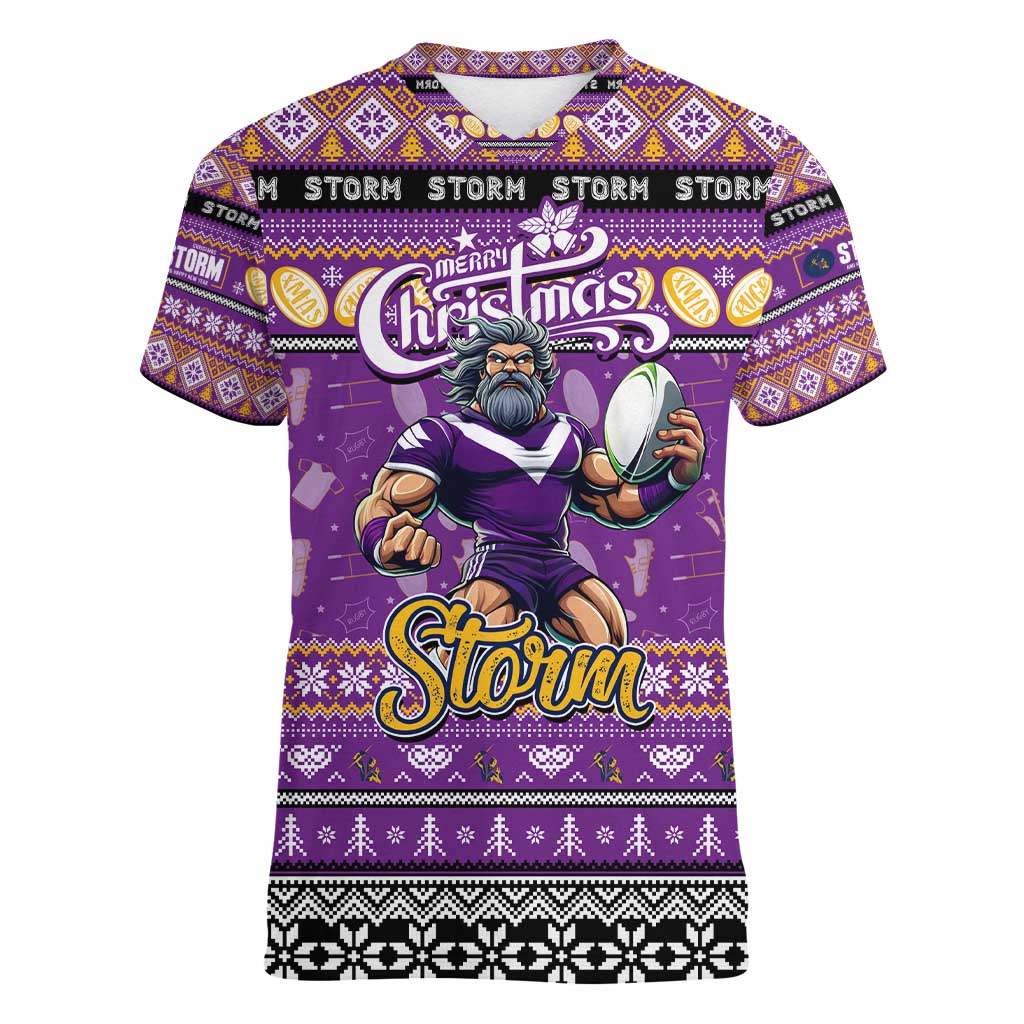 Personalized Storm Rugby Xmas Women V-Neck T-Shirt Australia NRL Mascot