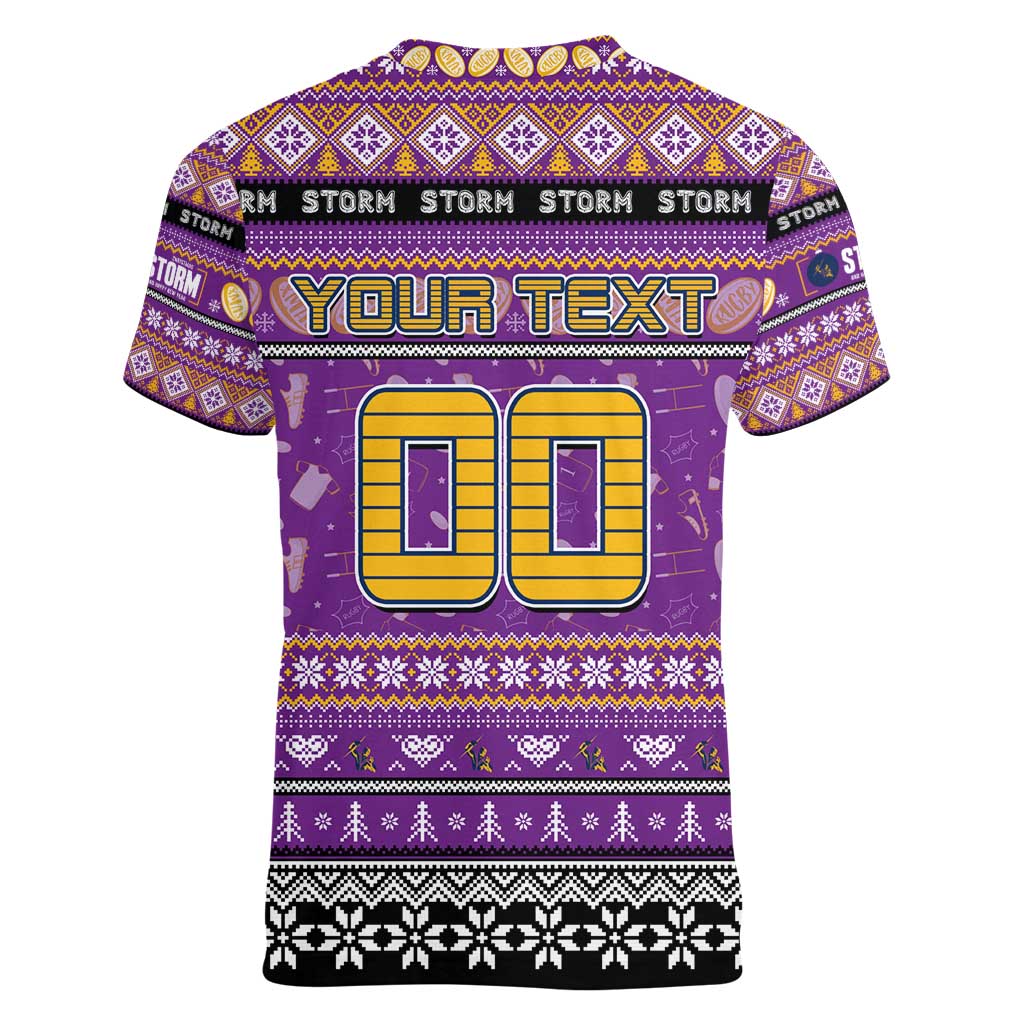 Personalized Storm Rugby Xmas Women V-Neck T-Shirt Australia NRL Mascot