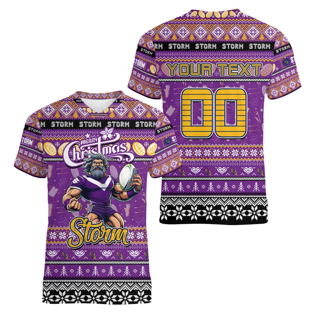 Personalized Storm Rugby Xmas Women V-Neck T-Shirt Australia NRL Mascot