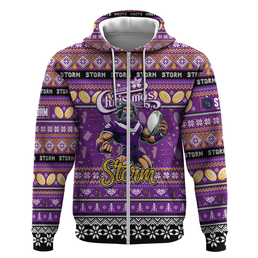 Personalized Storm Rugby Xmas Zip Hoodie Australia NRL Mascot