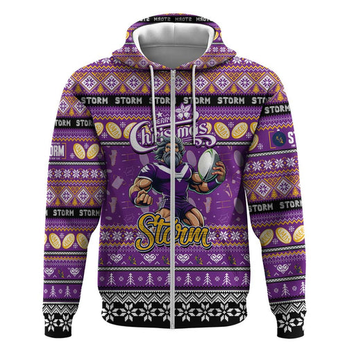 Personalized Storm Rugby Xmas Zip Hoodie Australia NRL Mascot