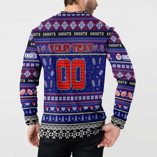 Personalized Knights Rugby Xmas Button Sweatshirt Australia NRL Mascot