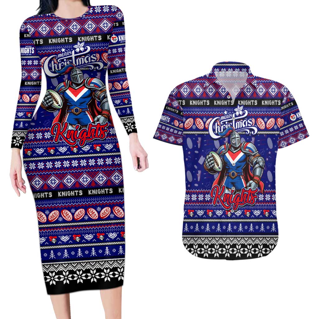 Personalized Knights Rugby Xmas Couples Matching Long Sleeve Bodycon Dress and Hawaiian Shirt Australia NRL Mascot