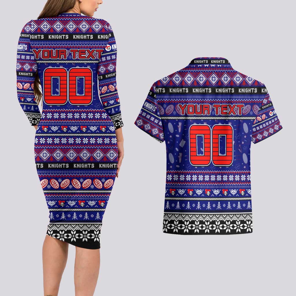 Personalized Knights Rugby Xmas Couples Matching Long Sleeve Bodycon Dress and Hawaiian Shirt Australia NRL Mascot