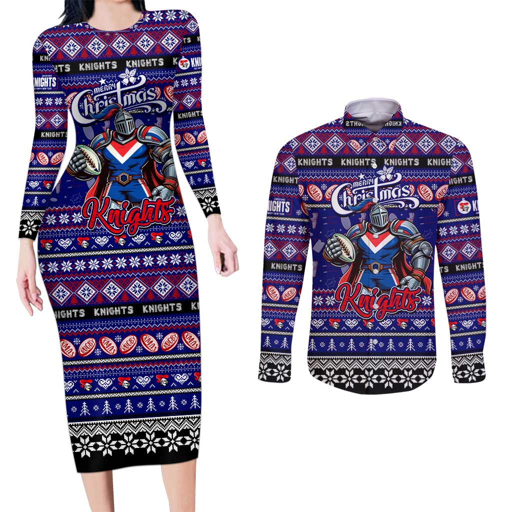 Personalized Knights Rugby Xmas Couples Matching Long Sleeve Bodycon Dress and Long Sleeve Button Shirt Australia NRL Mascot