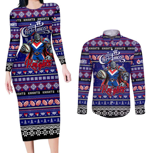 Personalized Knights Rugby Xmas Couples Matching Long Sleeve Bodycon Dress and Long Sleeve Button Shirt Australia NRL Mascot