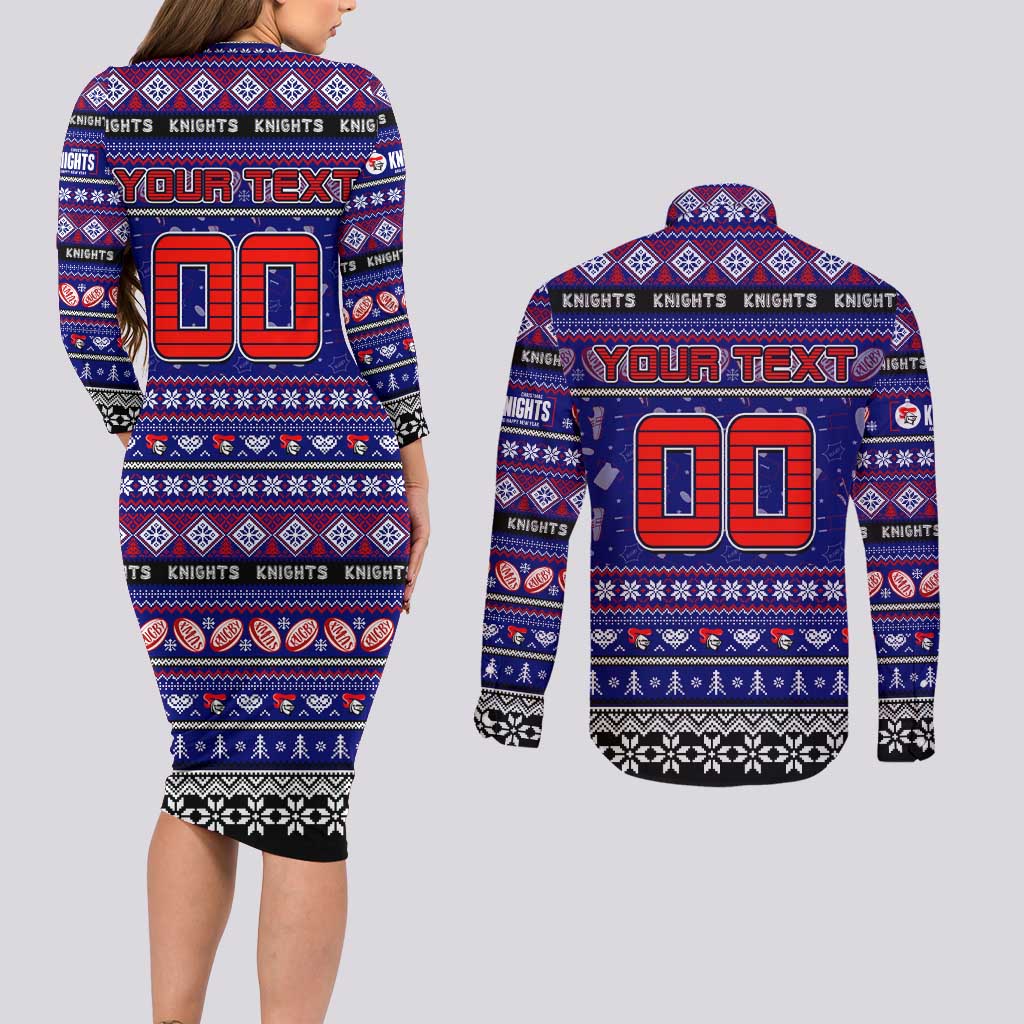 Personalized Knights Rugby Xmas Couples Matching Long Sleeve Bodycon Dress and Long Sleeve Button Shirt Australia NRL Mascot