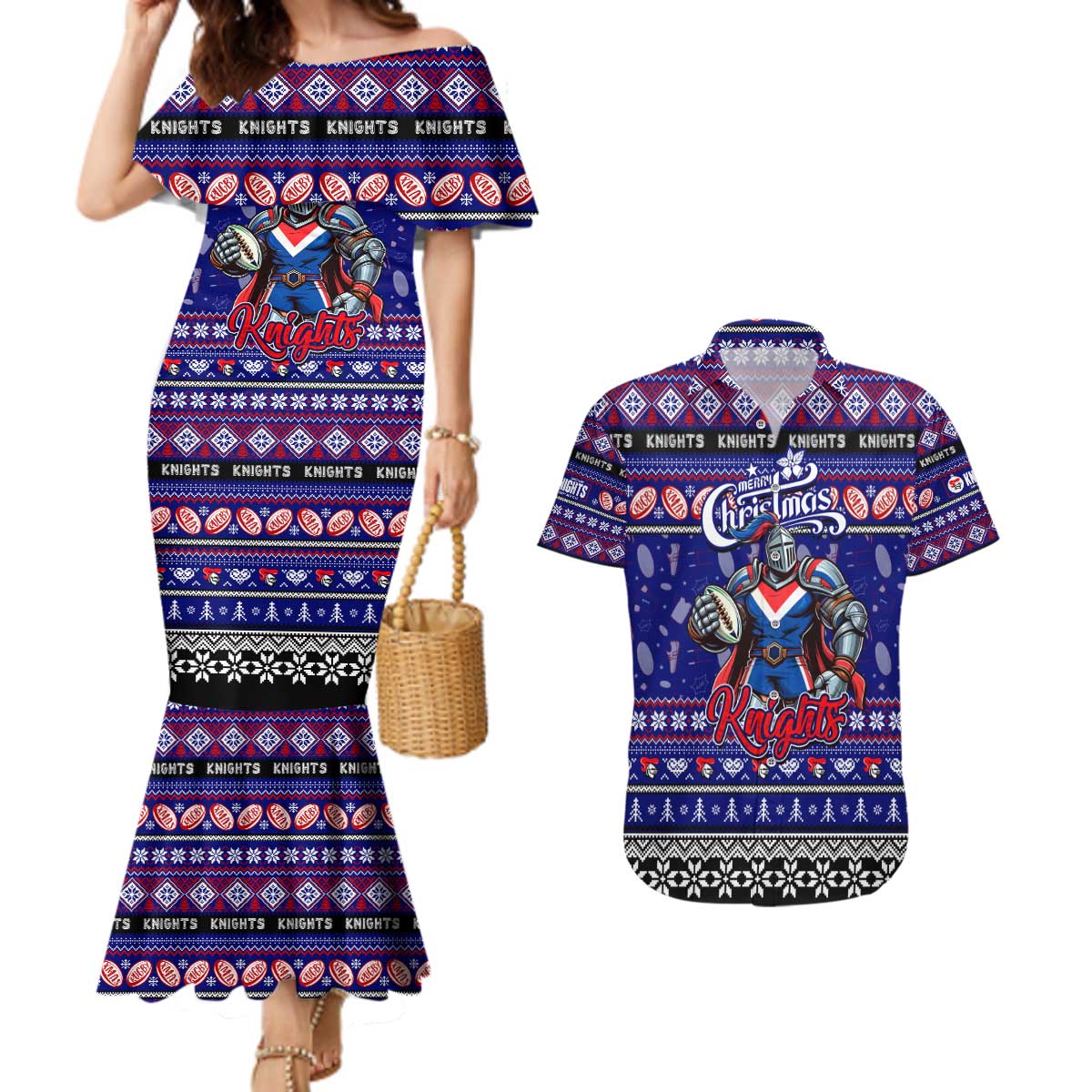Personalized Knights Rugby Xmas Couples Matching Mermaid Dress and Hawaiian Shirt Australia NRL Mascot