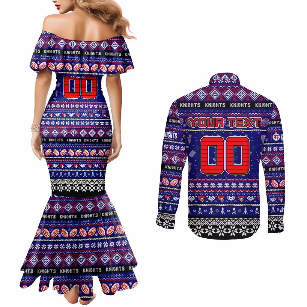 Personalized Knights Rugby Xmas Couples Matching Mermaid Dress and Long Sleeve Button Shirt Australia NRL Mascot