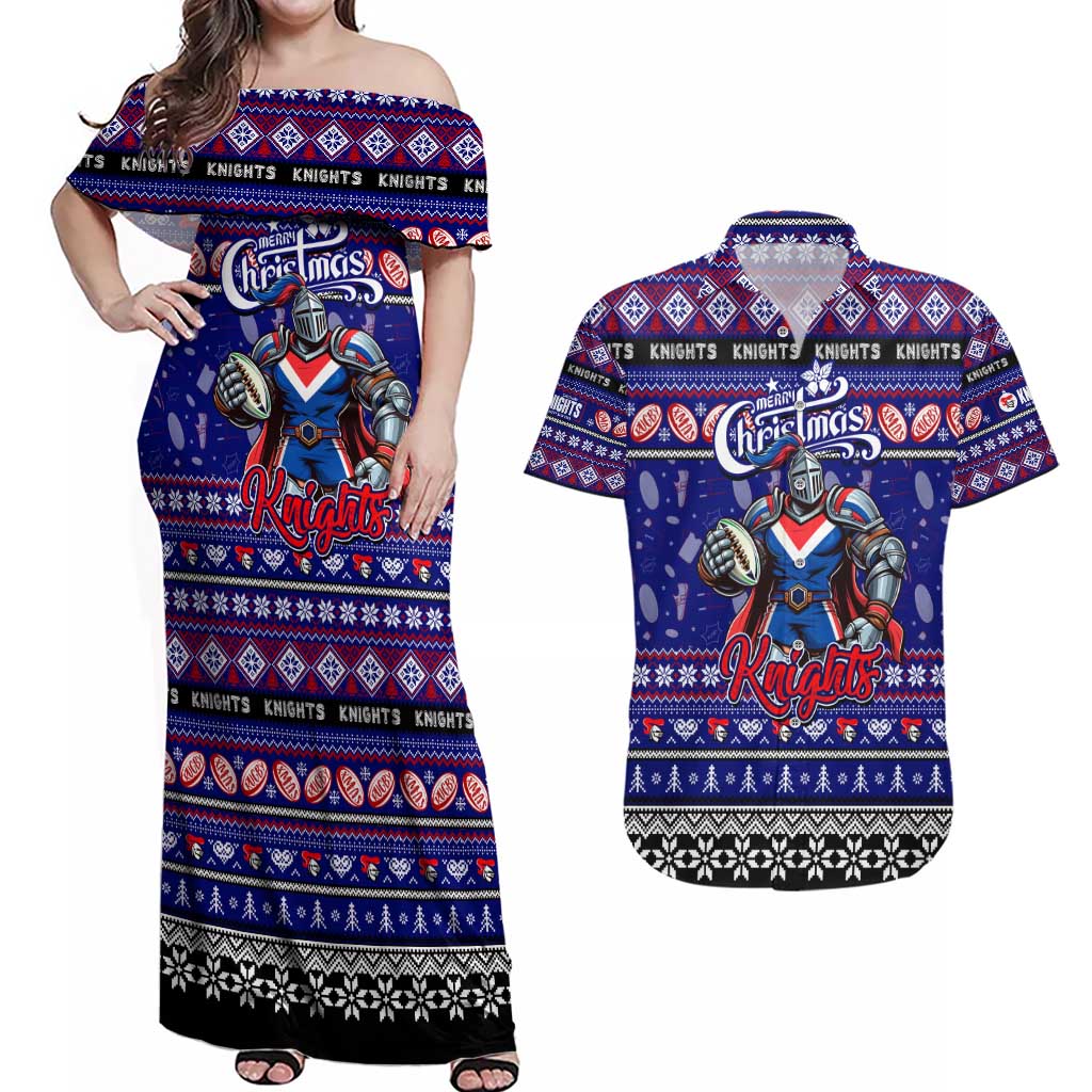 Personalized Knights Rugby Xmas Couples Matching Off Shoulder Maxi Dress and Hawaiian Shirt Australia NRL Mascot