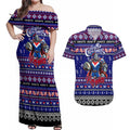 Personalized Knights Rugby Xmas Couples Matching Off Shoulder Maxi Dress and Hawaiian Shirt Australia NRL Mascot