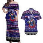 Personalized Knights Rugby Xmas Couples Matching Off Shoulder Maxi Dress and Hawaiian Shirt Australia NRL Mascot