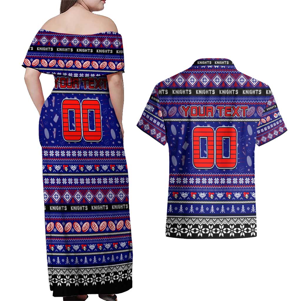 Personalized Knights Rugby Xmas Couples Matching Off Shoulder Maxi Dress and Hawaiian Shirt Australia NRL Mascot