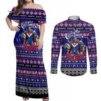 Personalized Knights Rugby Xmas Couples Matching Off Shoulder Maxi Dress and Long Sleeve Button Shirt Australia NRL Mascot