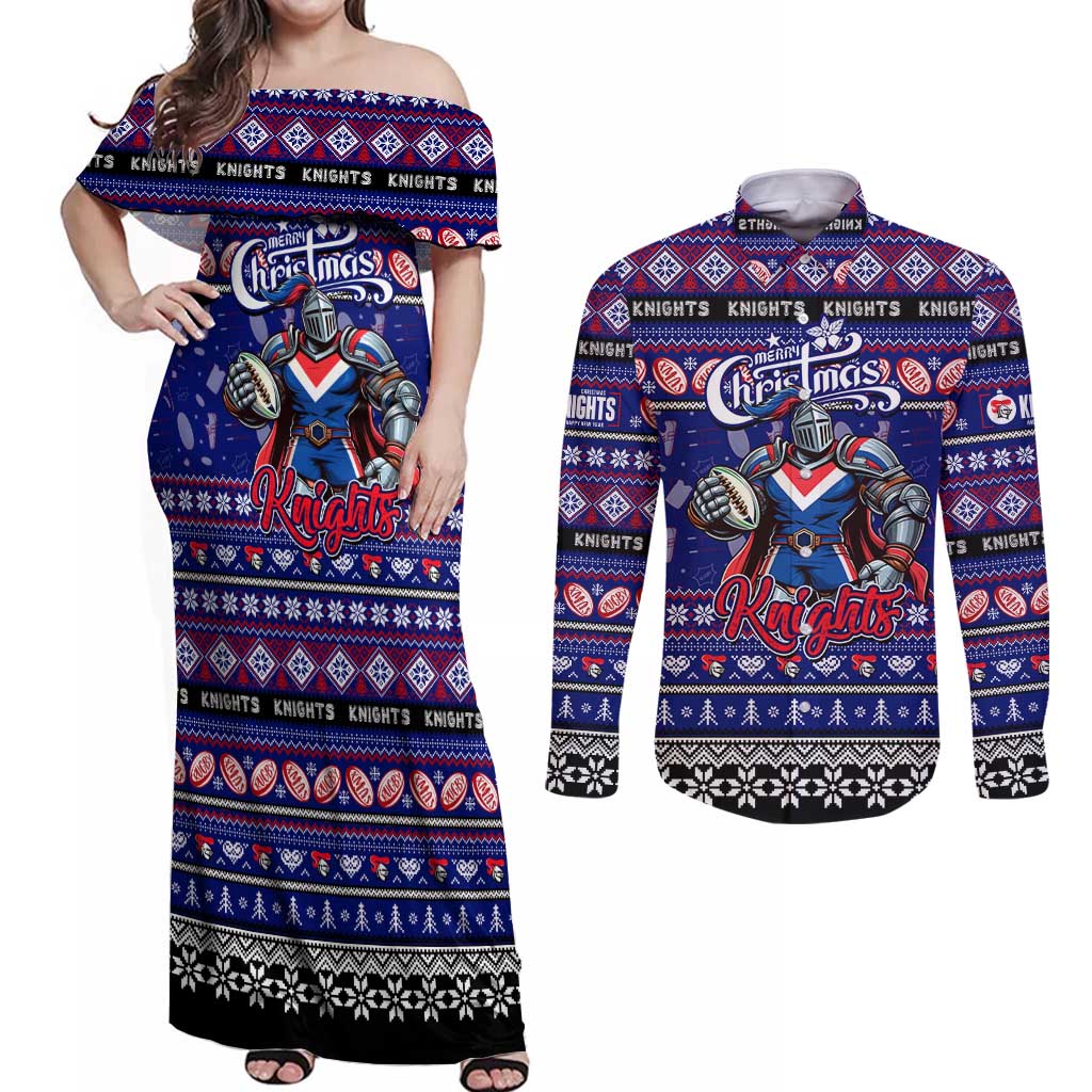 Personalized Knights Rugby Xmas Couples Matching Off Shoulder Maxi Dress and Long Sleeve Button Shirt Australia NRL Mascot