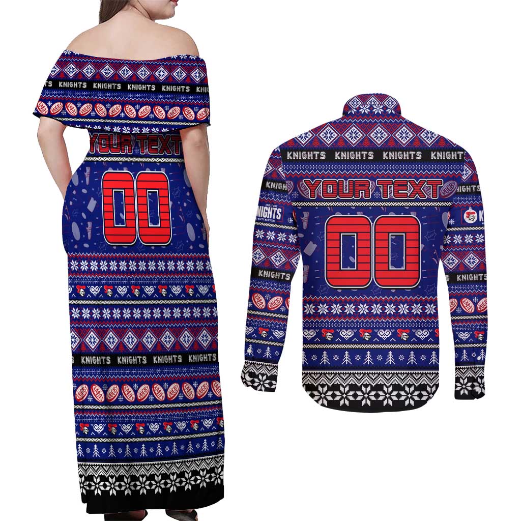 Personalized Knights Rugby Xmas Couples Matching Off Shoulder Maxi Dress and Long Sleeve Button Shirt Australia NRL Mascot