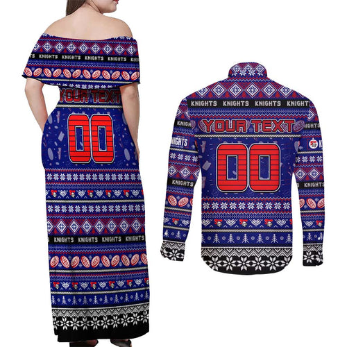 Personalized Knights Rugby Xmas Couples Matching Off Shoulder Maxi Dress and Long Sleeve Button Shirt Australia NRL Mascot