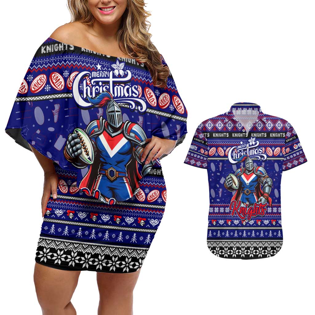 Personalized Knights Rugby Xmas Couples Matching Off Shoulder Short Dress and Hawaiian Shirt Australia NRL Mascot