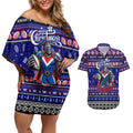 Personalized Knights Rugby Xmas Couples Matching Off Shoulder Short Dress and Hawaiian Shirt Australia NRL Mascot