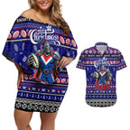 Personalized Knights Rugby Xmas Couples Matching Off Shoulder Short Dress and Hawaiian Shirt Australia NRL Mascot