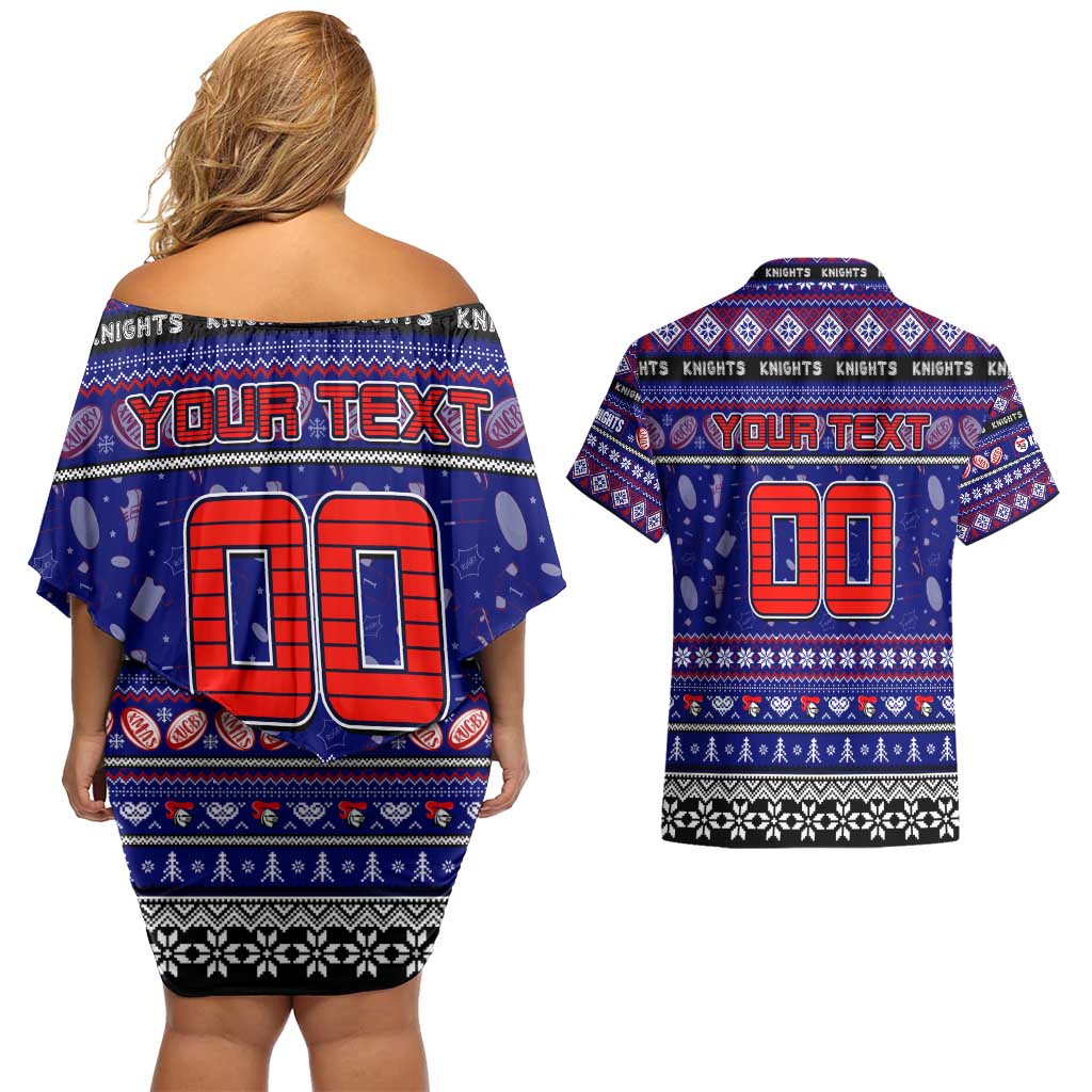 Personalized Knights Rugby Xmas Couples Matching Off Shoulder Short Dress and Hawaiian Shirt Australia NRL Mascot