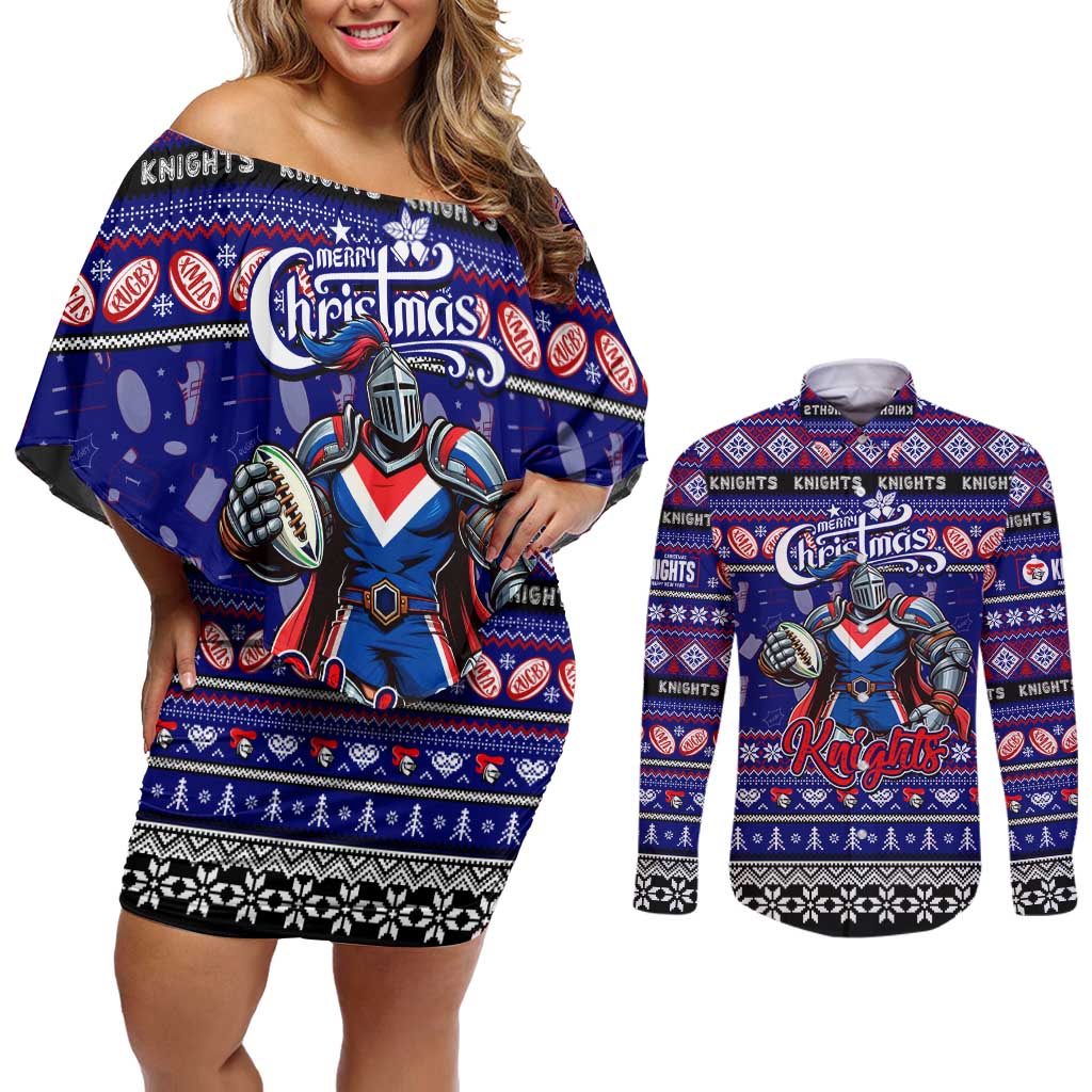 Personalized Knights Rugby Xmas Couples Matching Off Shoulder Short Dress and Long Sleeve Button Shirt Australia NRL Mascot