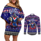 Personalized Knights Rugby Xmas Couples Matching Off Shoulder Short Dress and Long Sleeve Button Shirt Australia NRL Mascot