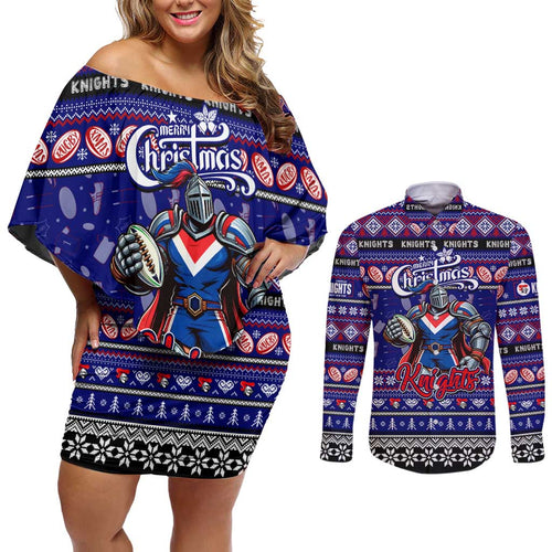 Personalized Knights Rugby Xmas Couples Matching Off Shoulder Short Dress and Long Sleeve Button Shirt Australia NRL Mascot
