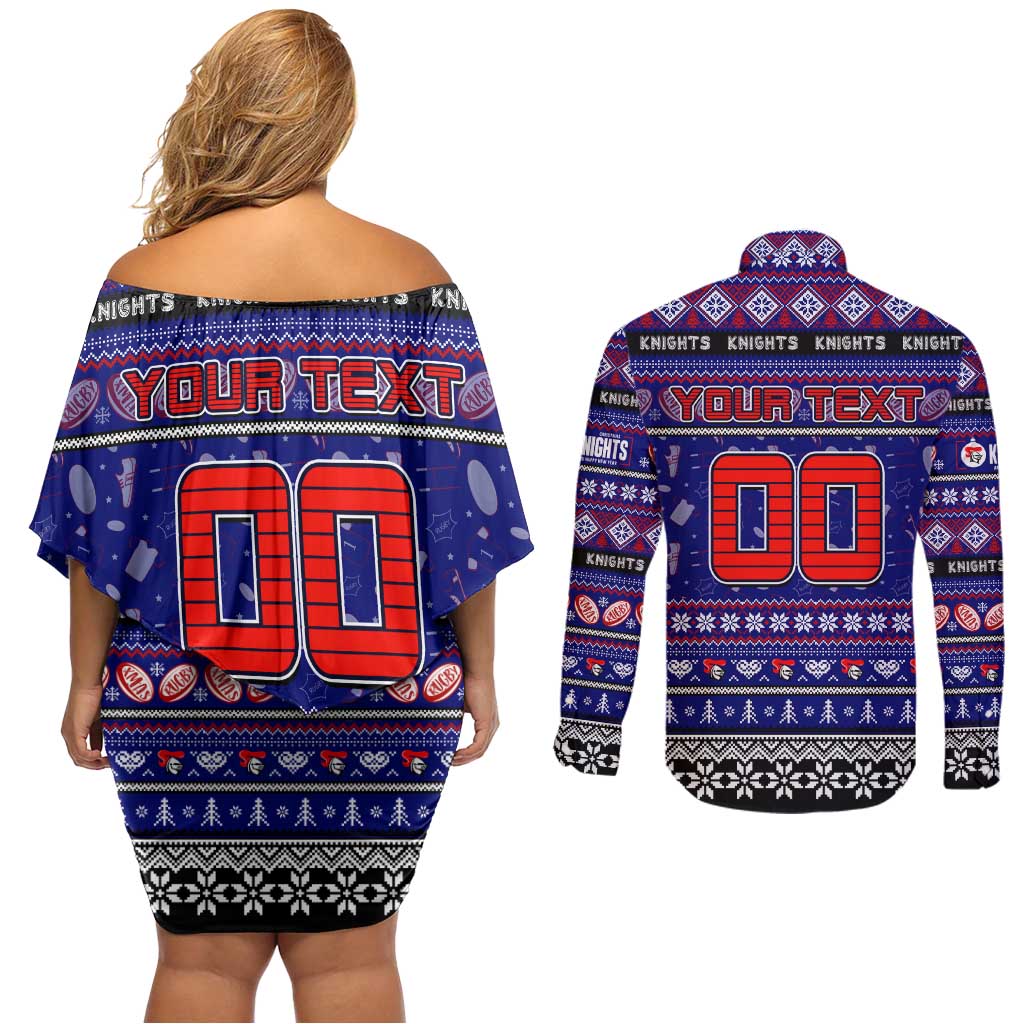Personalized Knights Rugby Xmas Couples Matching Off Shoulder Short Dress and Long Sleeve Button Shirt Australia NRL Mascot