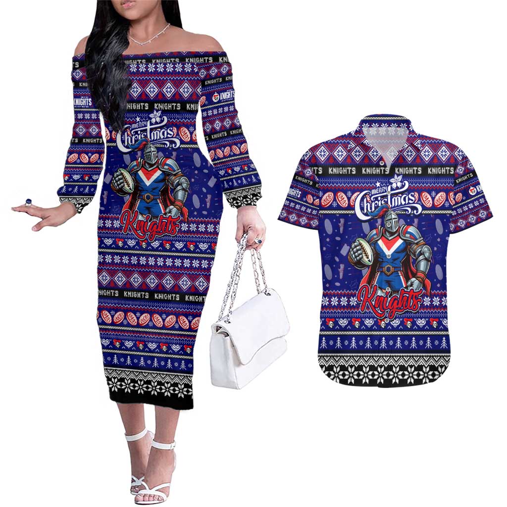 Personalized Knights Rugby Xmas Couples Matching Off The Shoulder Long Sleeve Dress and Hawaiian Shirt Australia NRL Mascot