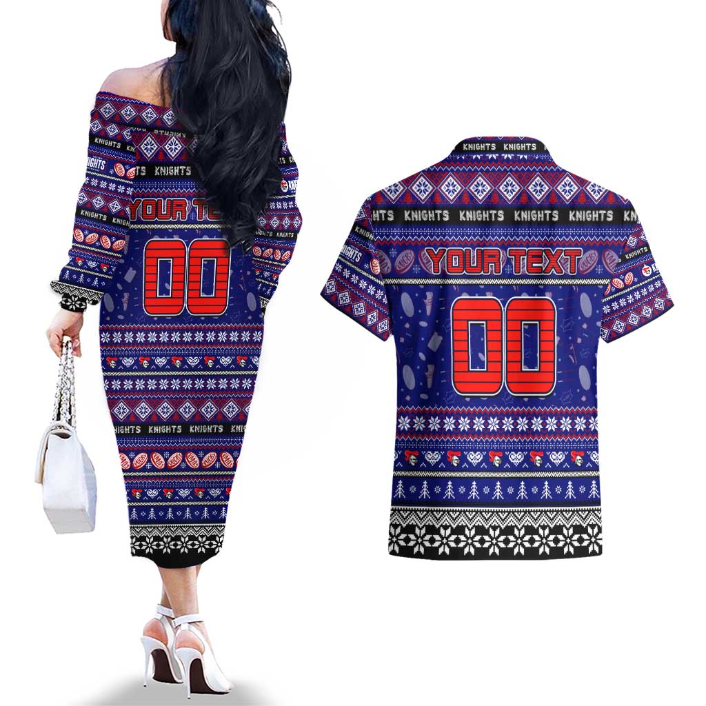 Personalized Knights Rugby Xmas Couples Matching Off The Shoulder Long Sleeve Dress and Hawaiian Shirt Australia NRL Mascot