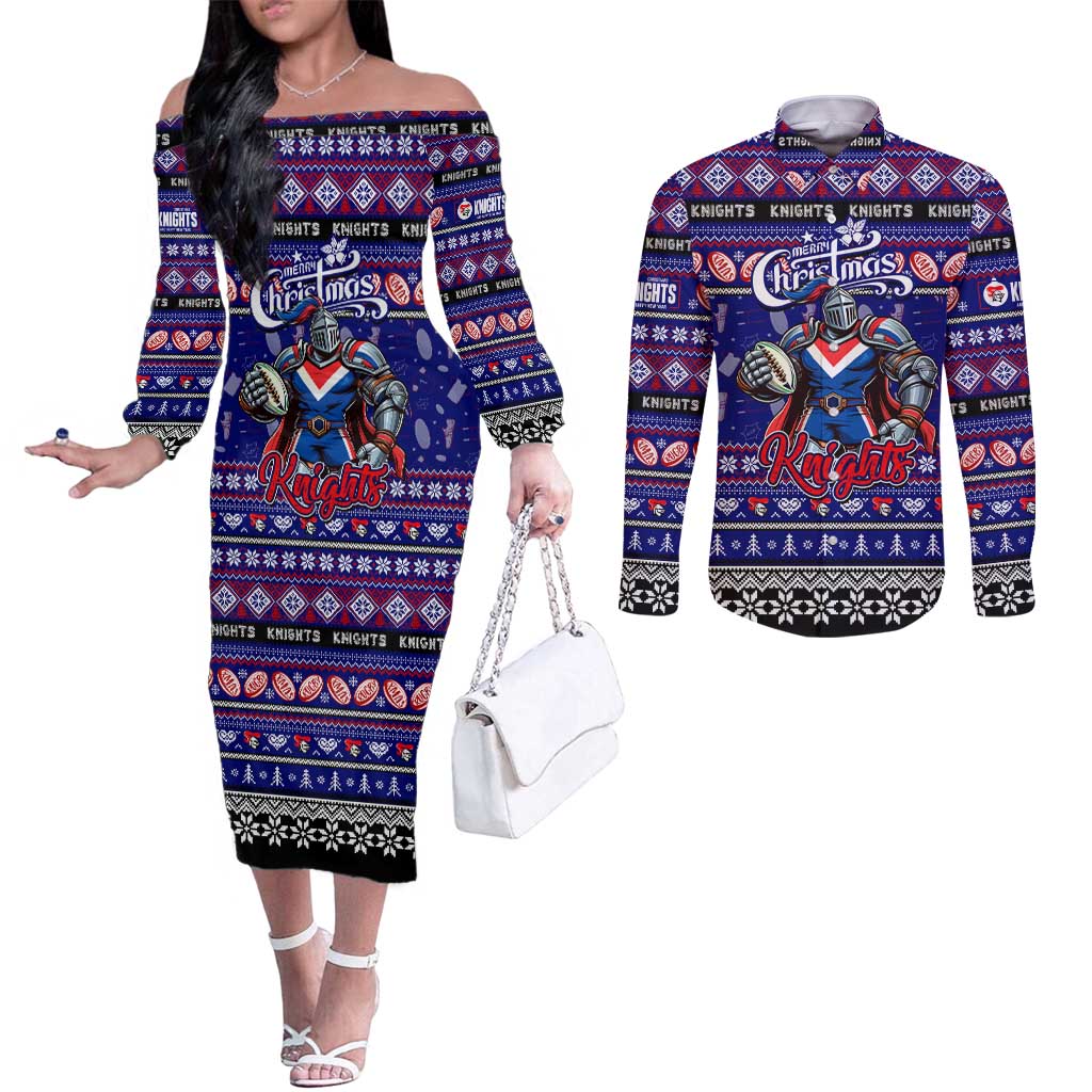 Personalized Knights Rugby Xmas Couples Matching Off The Shoulder Long Sleeve Dress and Long Sleeve Button Shirt Australia NRL Mascot